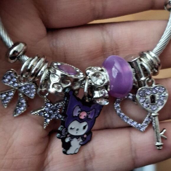 Sanrio Hello Kitty KUROMI Charm Pendant Silver & Purple Tone Bangle Bracelet - Picture 5 of 5